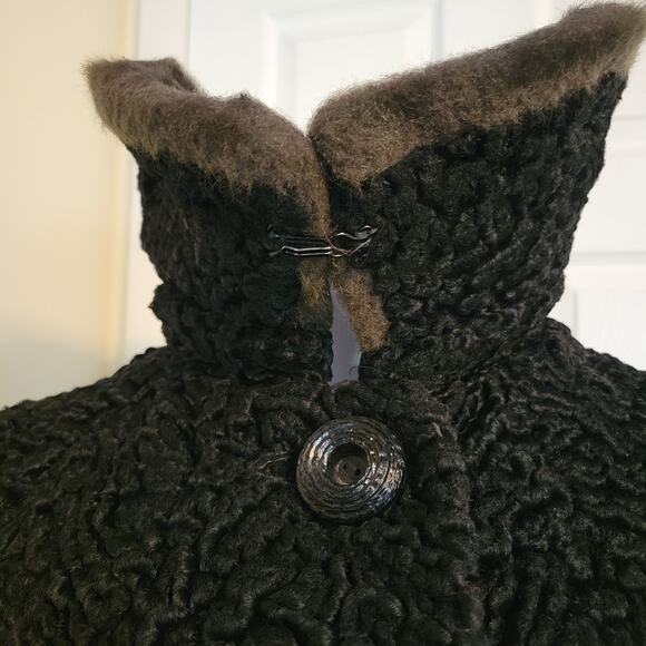 Vintage Black Curly Persian Lamb Jacket Coat Faux Mink Collar 1960s Size L - Picture 7 of 9